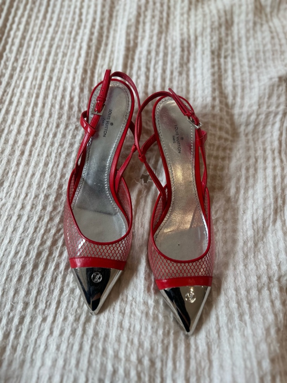Louis Vuitton Red Slingback Pumps with Silver Pointed Caps Size 38